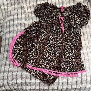 Betsey Johnson Leopard Print Pajama Set with Pink Lace